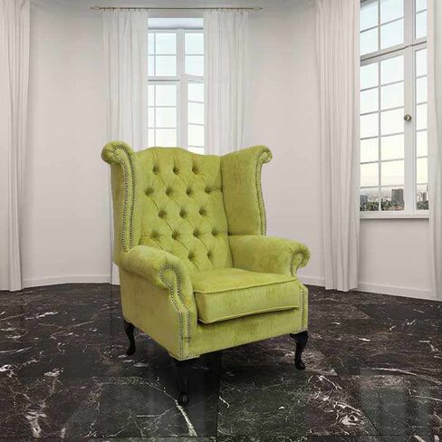 Chesterfield Fabric Queen Anne High Back Wing Chair Azzuro Harvest Fabric
