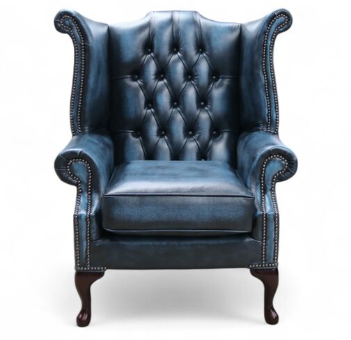Chesterfield Handmade Queen Anne Wing Chair Antique Blue Real Leather