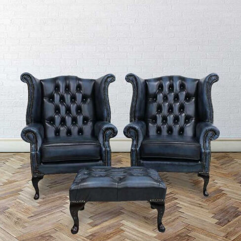 Chesterfield Offer Pair Queen Anne High Back Wing Chair Footstool Antique Blue Leather
