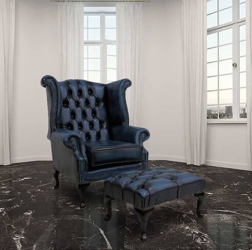 Chesterfield Offer Queen Anne High Back Wing Chair Antique Blue Leather Footstool