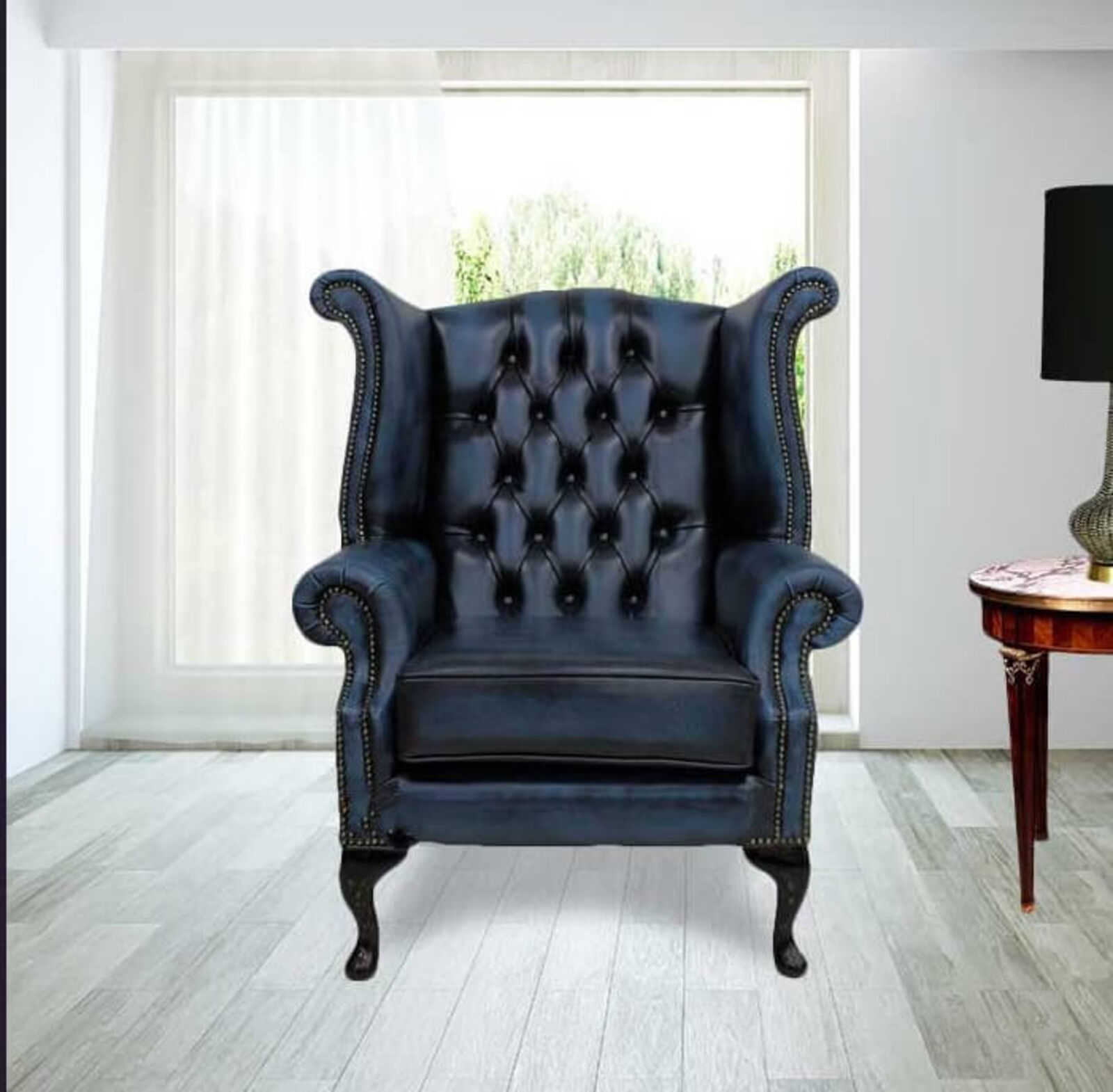 Product photograph of Chesterfield Queen Anne High Back Wing Chair Antique Blue Real Leather from Designer Sofas 4U