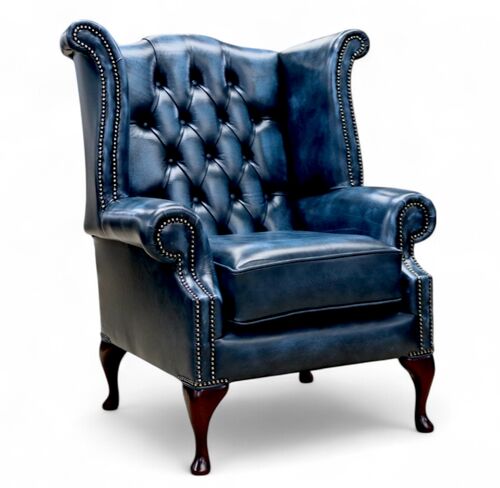Chesterfield Queen Anne High Back Wing Chair Antique Blue Real Leather
