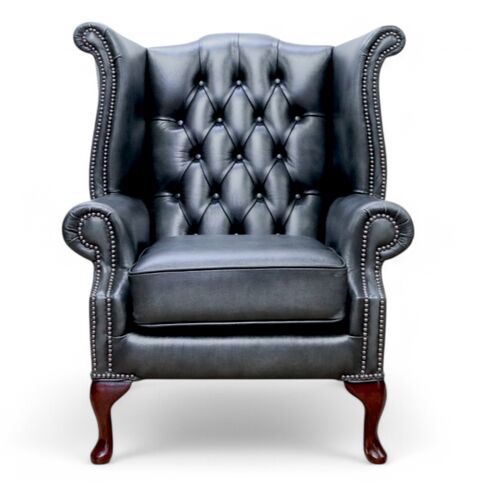 Chesterfield Queen Anne High Back Wing Chair Antique Grey Leather