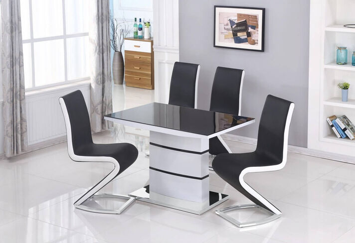 Amo Black Painted Glass Top Dining Table With White Small High Gloss Frame And Stainless Steel Base