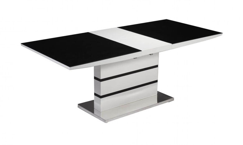 Amo Black Painted Glass Top Ext Dining Table With White High Gloss Frame And Stainless Steel Base