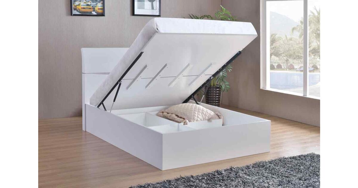 White High Gloss King Size Storage Bed, Storage Bed King Size White