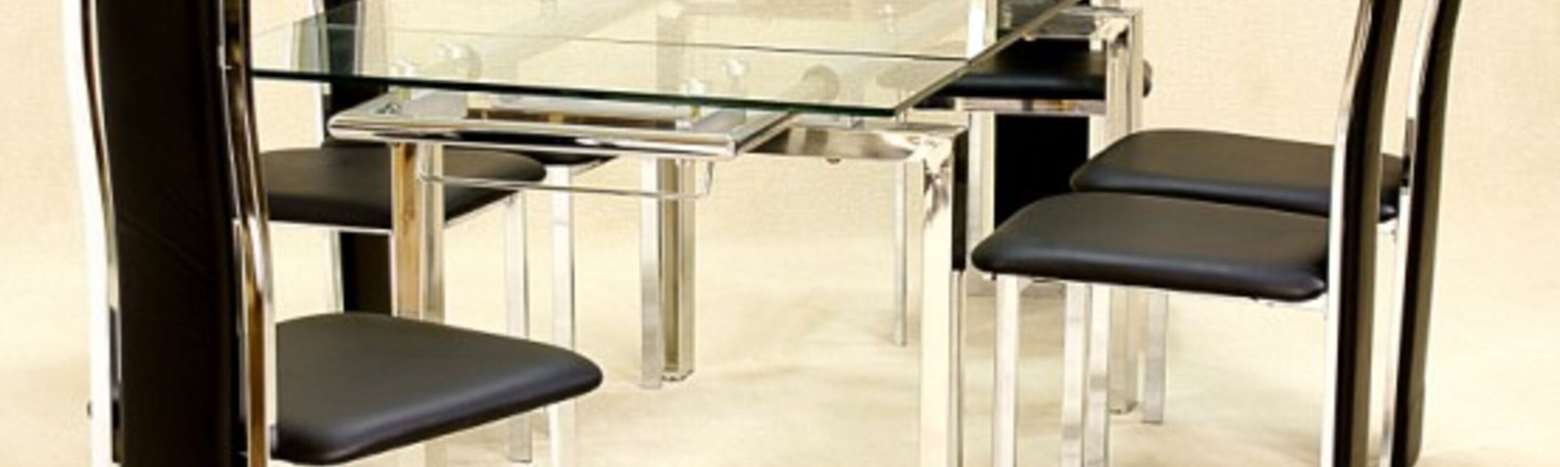 Crystal Extending Dining Table in Clear Glass with 6 Trinity Dining Chairs