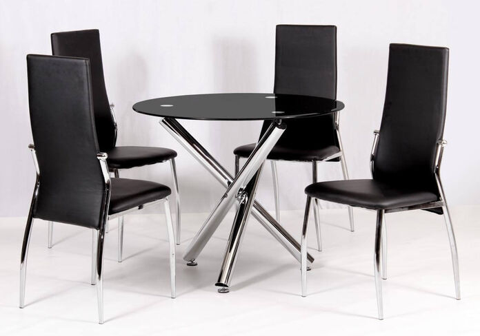 Donya Round Black Glass Top Dining Table With Chrome Legs