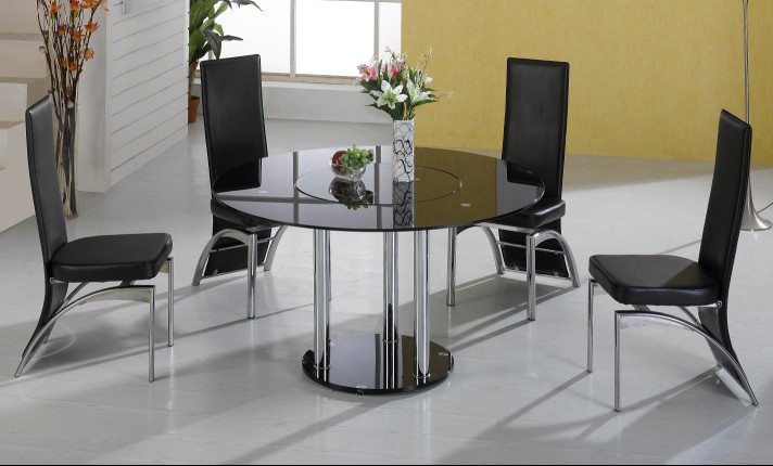 Durban Black Glass Round Dining Table, Round Black Glass Dining Table And 4 Chairs