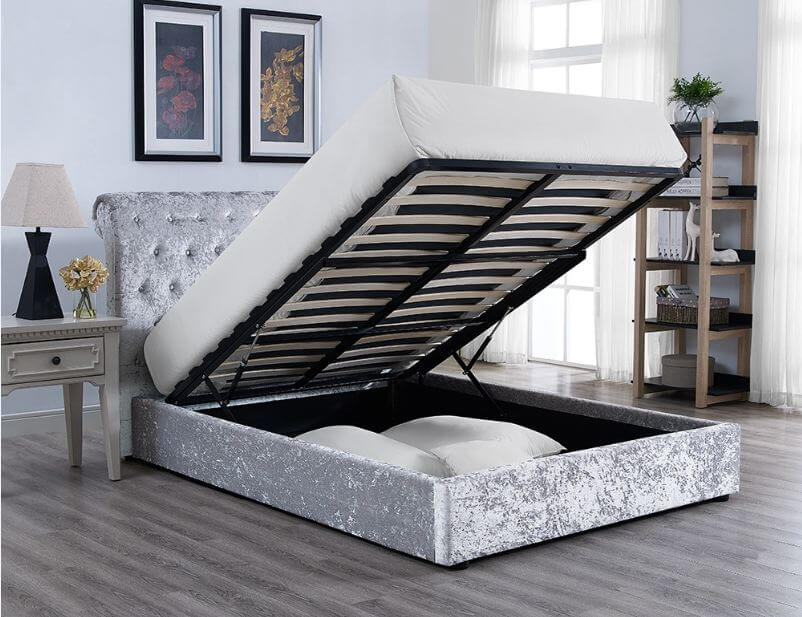 Enna Grey Crushed Velvet Storage King, Bed With Drawers King Size