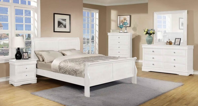 Pio White Solid Pine Veneer Painted  5 Pc Bedroom Set