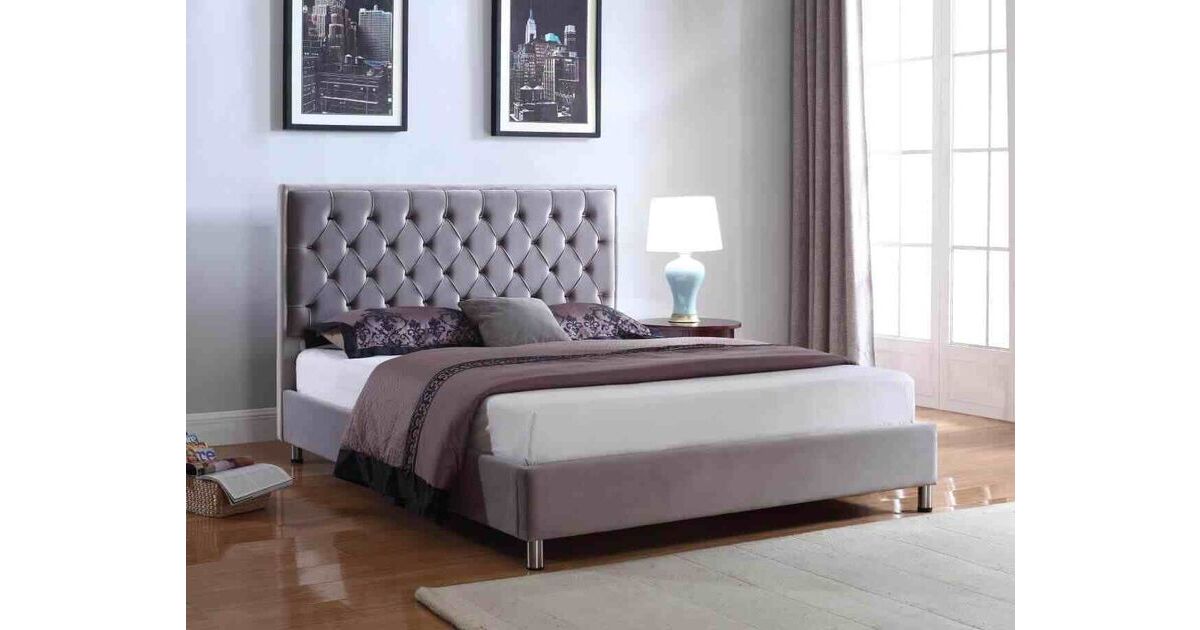 Renata Light Grey Velvet King Size Bed, Light Grey Headboard King