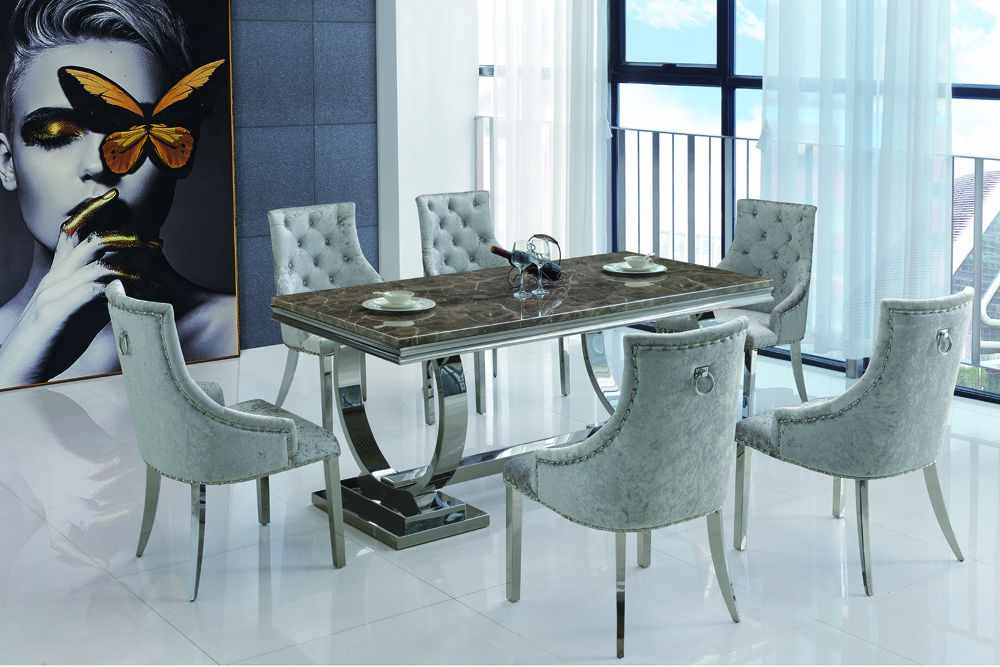 Serafina Grey Fabric Dining Chairs With, Grey Dining Chairs With Brushed Steel Legs