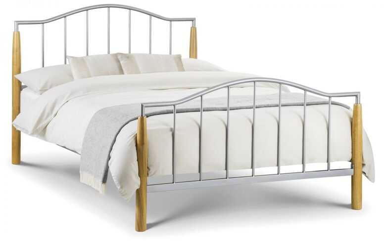 Cella 135cm Bright Aluminium Finish Bed With Light Oak Coloured Legs