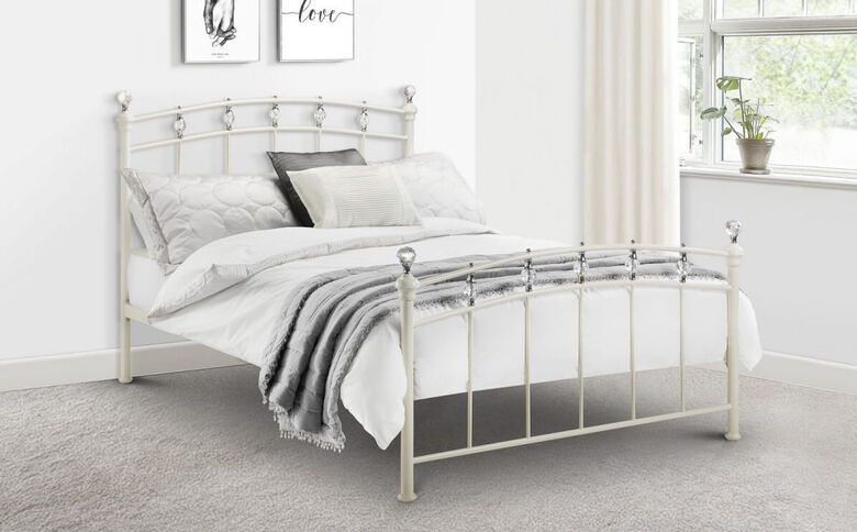Birgitta 135cm Stone White Metal Bed With Crystal Effect Finials