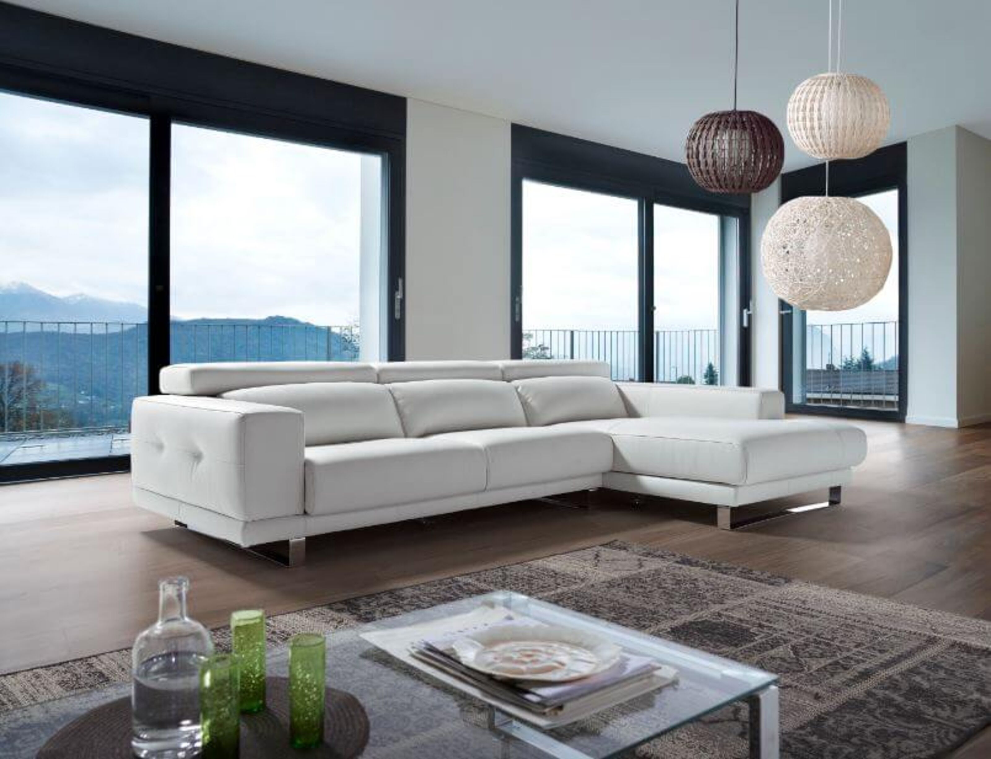 Ambar Italian Leather Corner Group Sofa, White Leather L Shaped Sofa