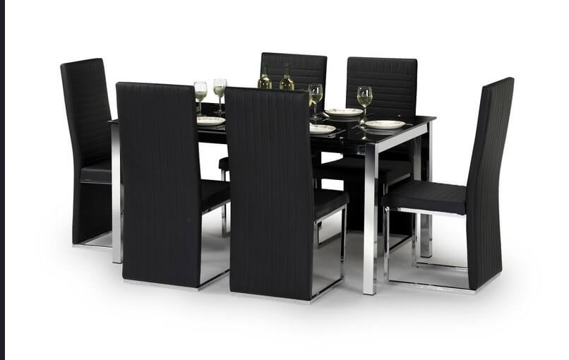 Tempo Chrome Black Glass Dining Table, Glass Dining Table 4 Chairs Set