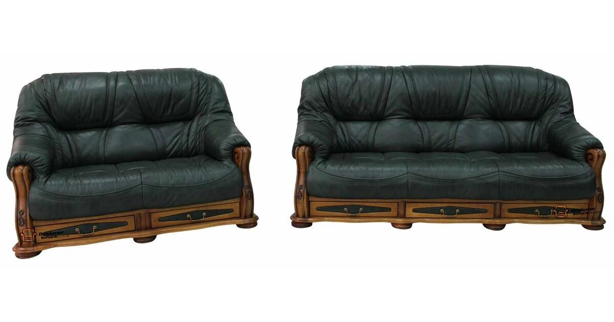 Italian Leather Green Sofa Suite With, Wood And Leather Furniture
