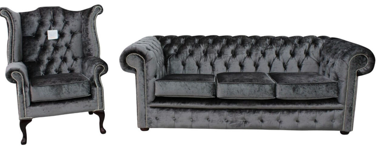 Product photograph of Chesterfield 3 Seater Settee Queen Anne Wing Chair Boutique Storm Velvet Sofa Suite Offer from Designer Sofas 4U