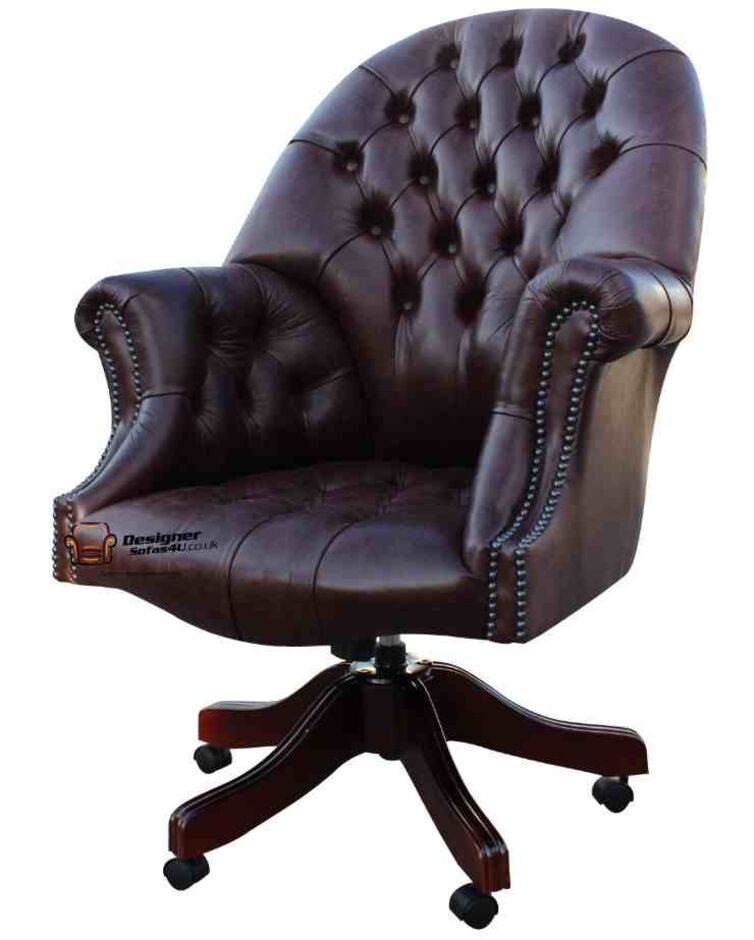 Chesterfield Directors Leather Office Swivel Chair Old English Red Brown