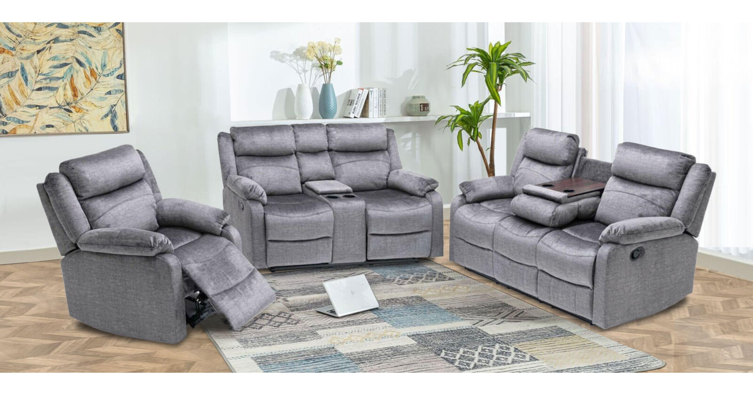 Reggie 3+2+1 Seats Grey Fabric Recliner Sofa Suites Designer Sofas 4U