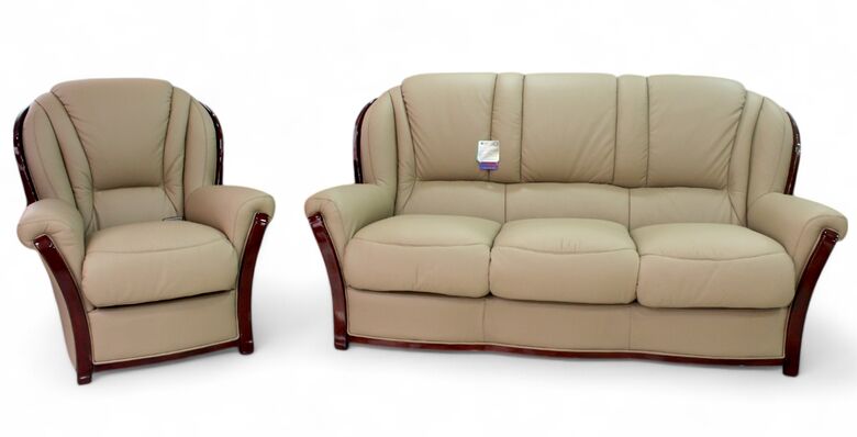 Reggio 3+1 Italian Leather Sofa Suite Coffee Milk Cherry Wood