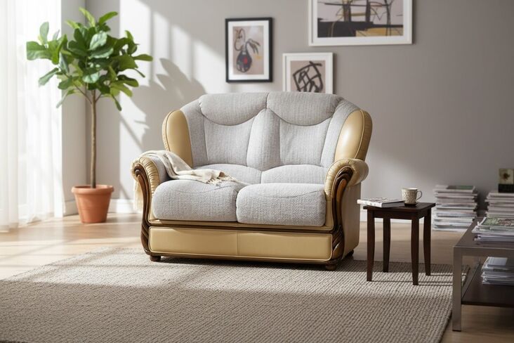 SPECIAL OFFER Lecce Genuine Italian Leather And Fabric 2 Seater Sofa Settee Nut And Cromwell Stone Fabric EX DISPLAY