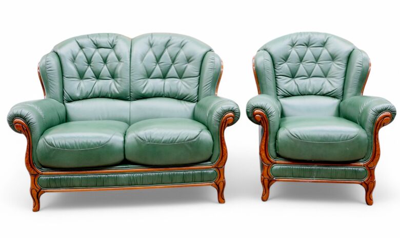 Venice 2 Seater + Armchair Genuine Italian Green Leather Sofa Suite Offer