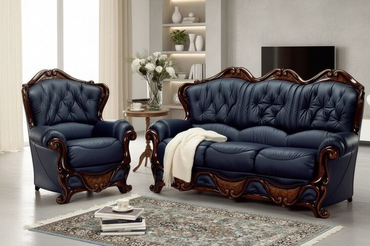 Dante 3 Seater + Armchair Italian Leather Sofa Settee Offer Blue