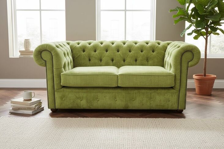 Chesterfield 2 Seater Settee Azzuro Olive Green Velvet Fabric Sofa Offer
