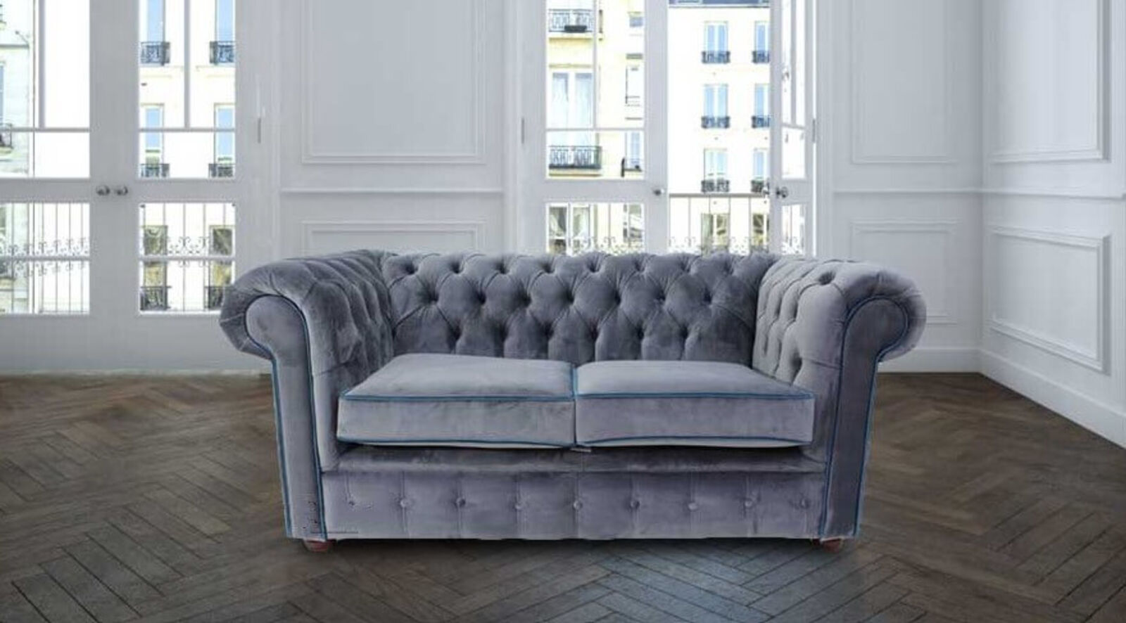 Product photograph of Chesterfield 2 Seater Settee Malta Grey Blue Piping Velvet Fabric Sofa Offer from Designer Sofas 4U