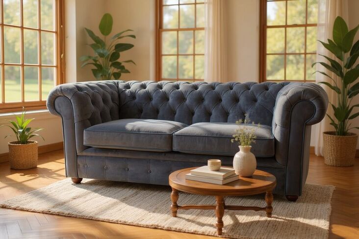 Chesterfield 2 Seater Settee Malta Grey Blue Piping Velvet Fabric Sofa Offer