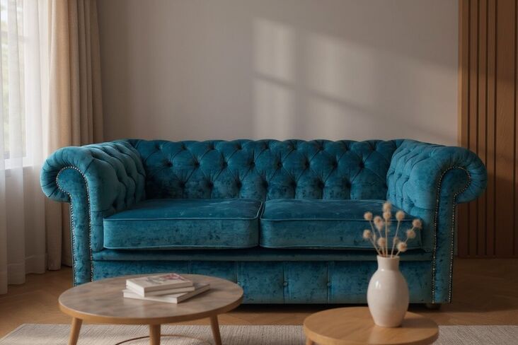 Chesterfield 2 Seater Settee Pastiche Petrol Blue Velvet Sofa Offer