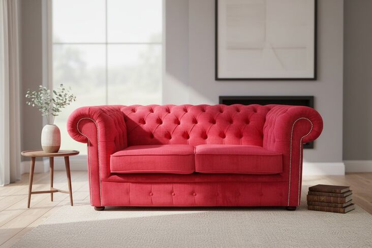 Chesterfield 2 Seater Sofa Settee Azzuro Post Box Red Velvet Fabric