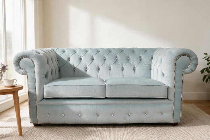 Chesterfield Crystal Diamond 2 Seater Duck Egg Blue Fabric Sofa