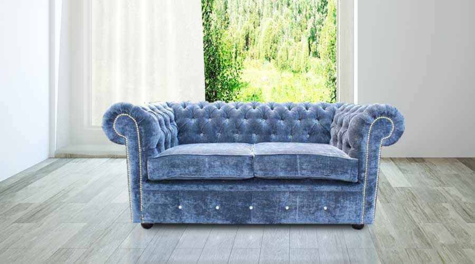 Product photograph of Chesterfield Blue Velvet Crystal Diamond 2 Seater Sofa Offer from Designer Sofas 4U