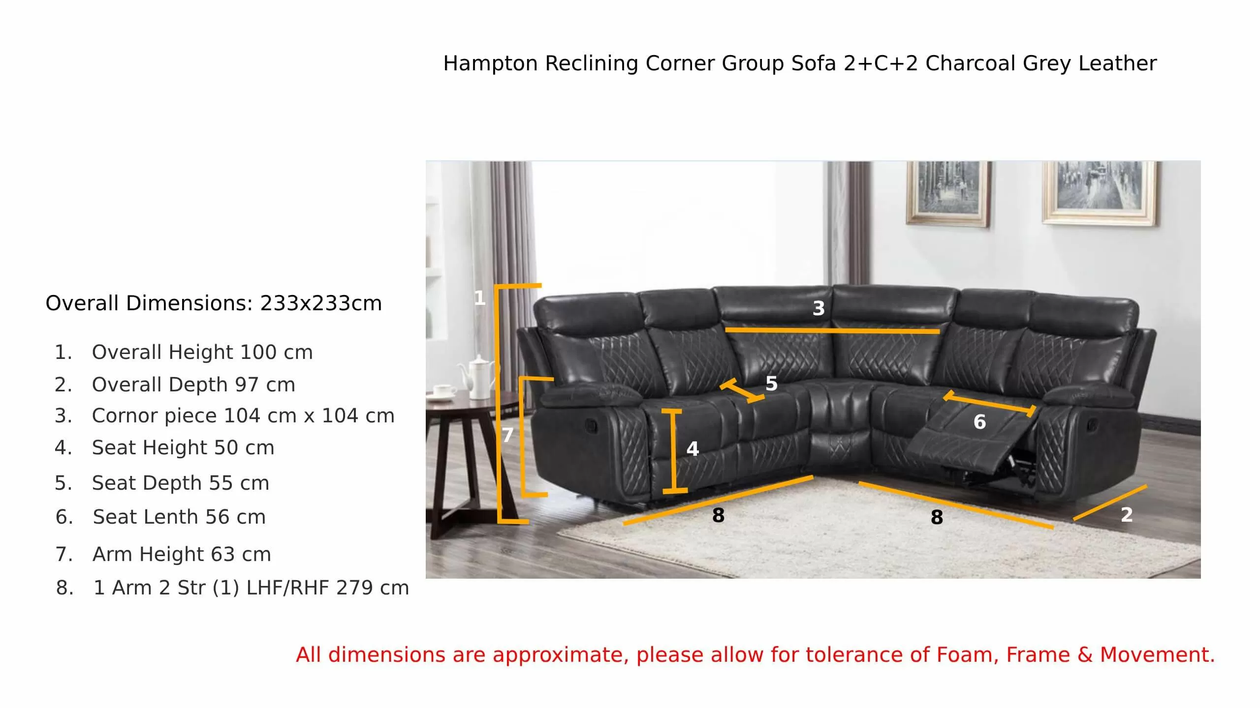 Hampton Reclining Corner Group Sofa 2+C+2 Charcoal Grey Leather Dimenaion