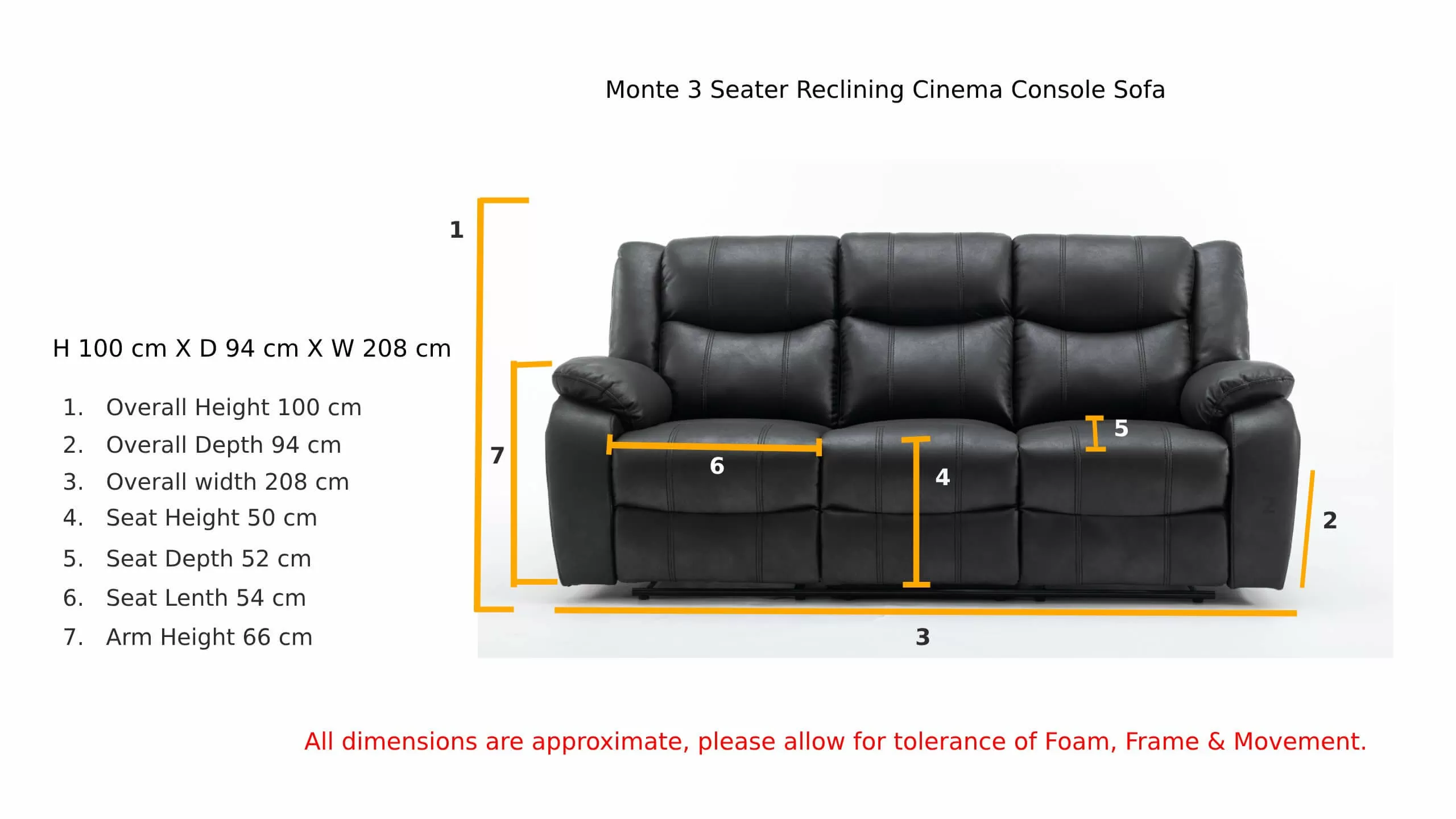 Monte 3 Seater Reclining Cinema Console Sofa Black Fabric Dimension