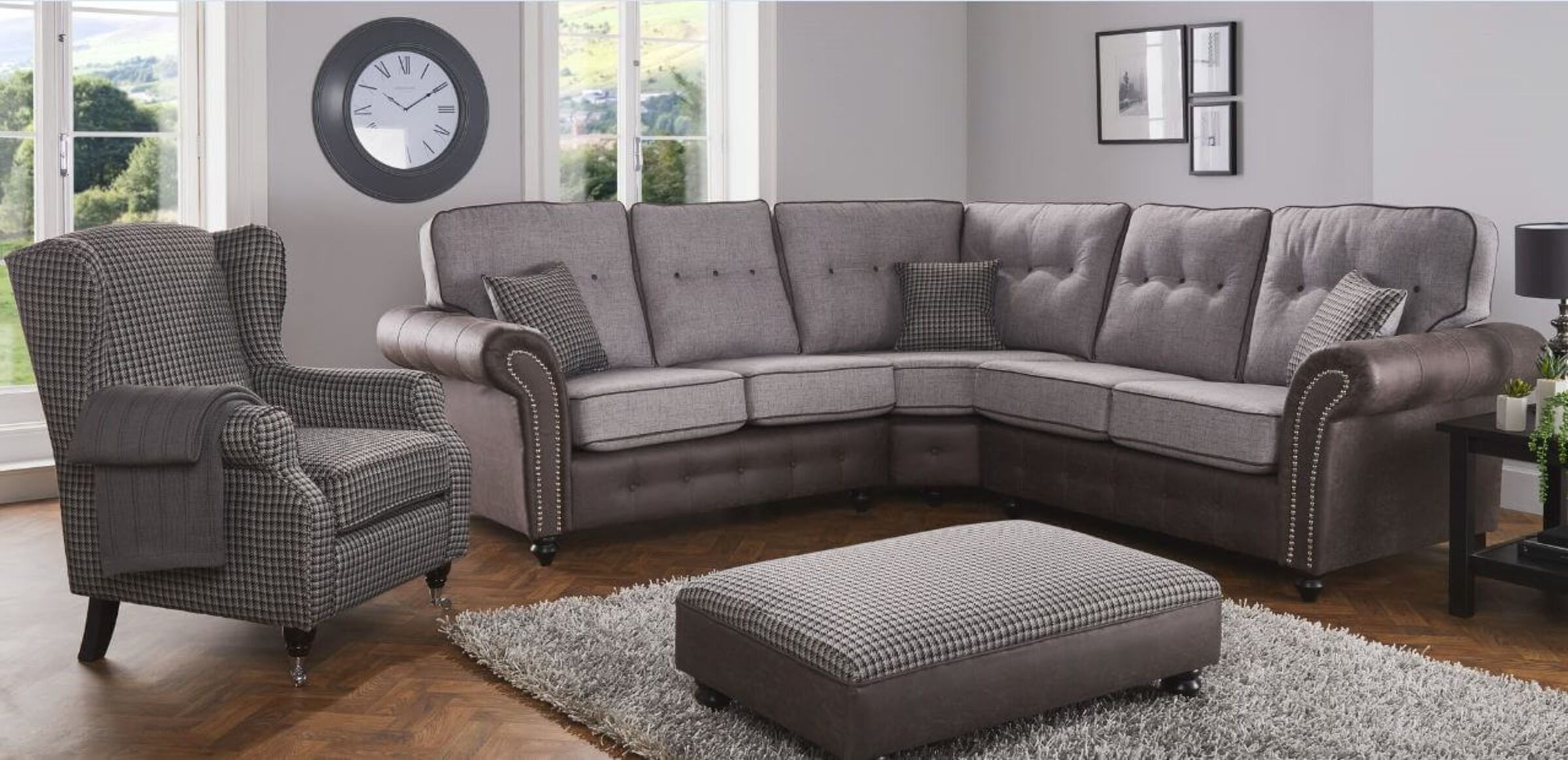 Anne's Stylish Comfort Fabric Sofa Suite in Grampian Seal and Charcoal Grey