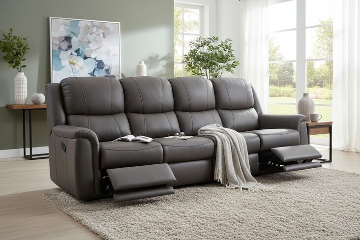 Ansar 4 Seater Reclining Sofa Grey Leather