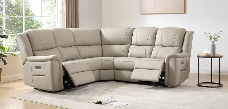 Ansar Recliner Cinema Corner Sofa Suite Latte Leather 2+C+2