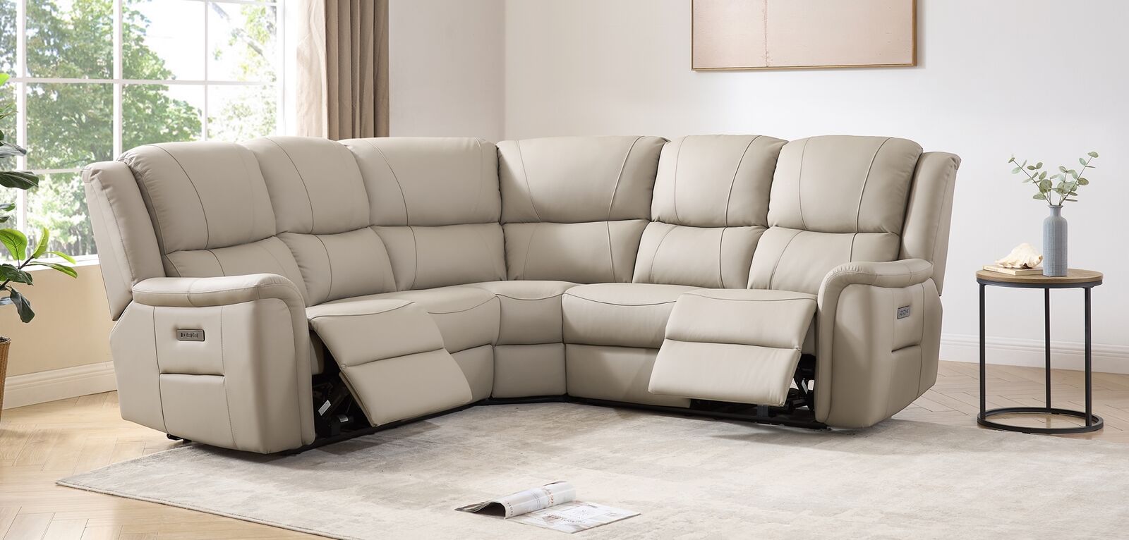 Ansar Recliner Cinema Corner Sofa Suite Latte Leather 2+C+2