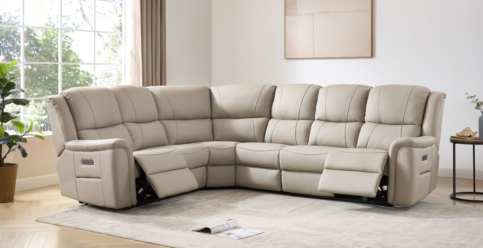 Ansar Recliner Cinema Corner Sofa Suite Latte Leather 3+C+2