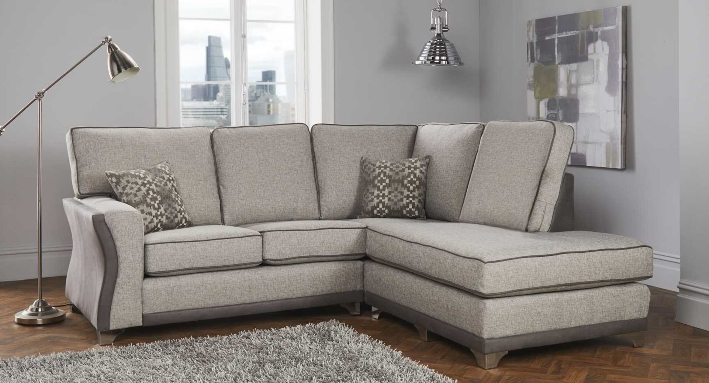 Beatrice Fabric Corner Sofa Chaise In Como Pebble Designer Sofas4u