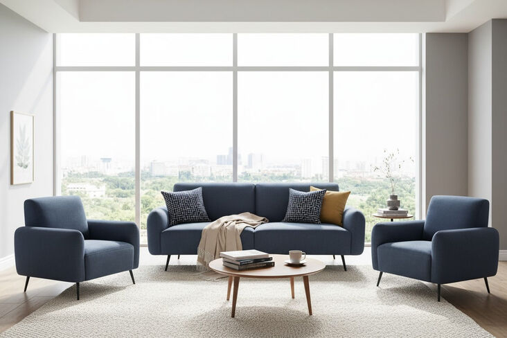Benita 3+1+1 Sofa Suite In Denim Blue Fabric