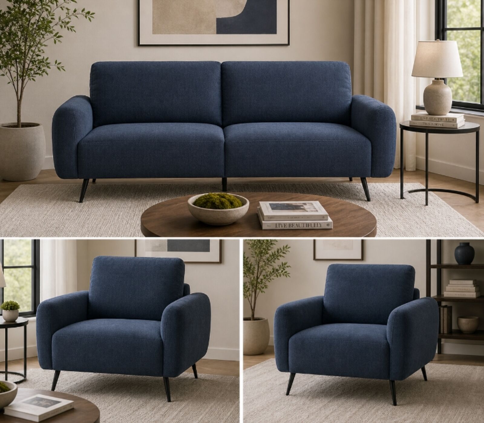 Benita 3+1+1 Sofa Suite In Denim Blue Fabric