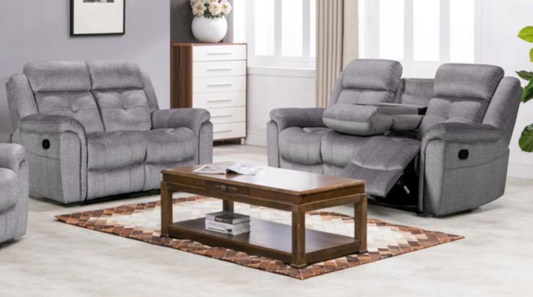 Bowery 3+2 Reclining Silver Fabric Sofa Suite Designer Sofas4u