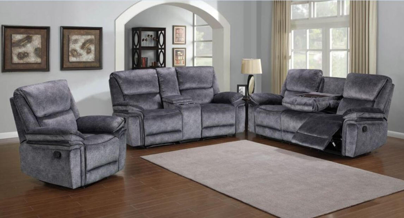 Product photograph of Brooklyn 3 2 1 Seater Reclining Cinema Console Sofa Suite Charcoal Grey Fabric from Designer Sofas 4U