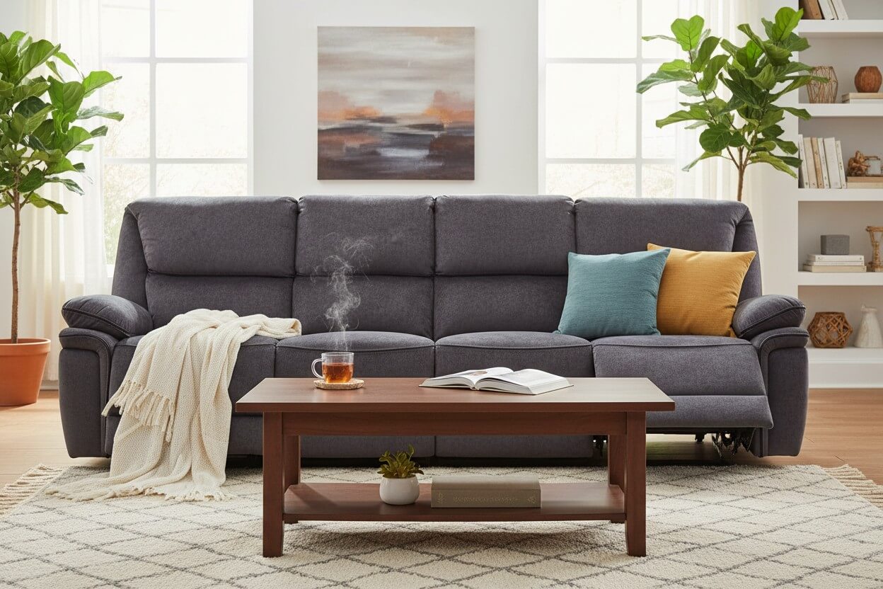 Charcoal grey fabric four-seater reclining sofa with colourful cushions