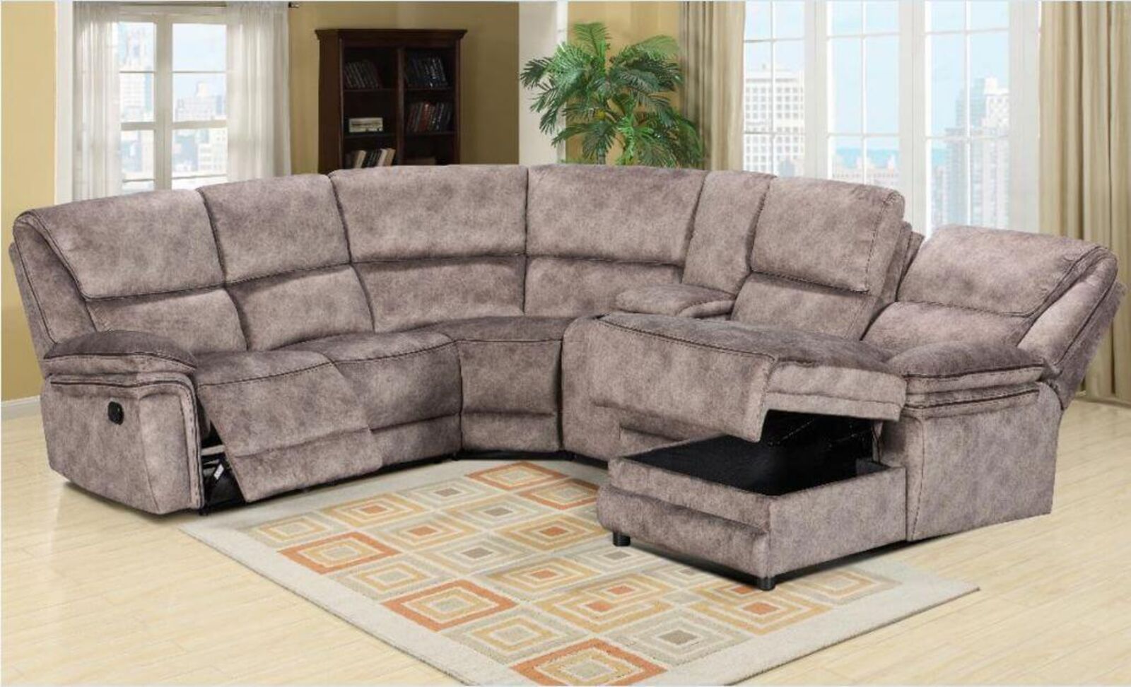 Product photograph of Brooklyn Reclining Cinema Console Corner Group Sofa 2 C 2 With Chaise Taupe Fabric from Designer Sofas 4U